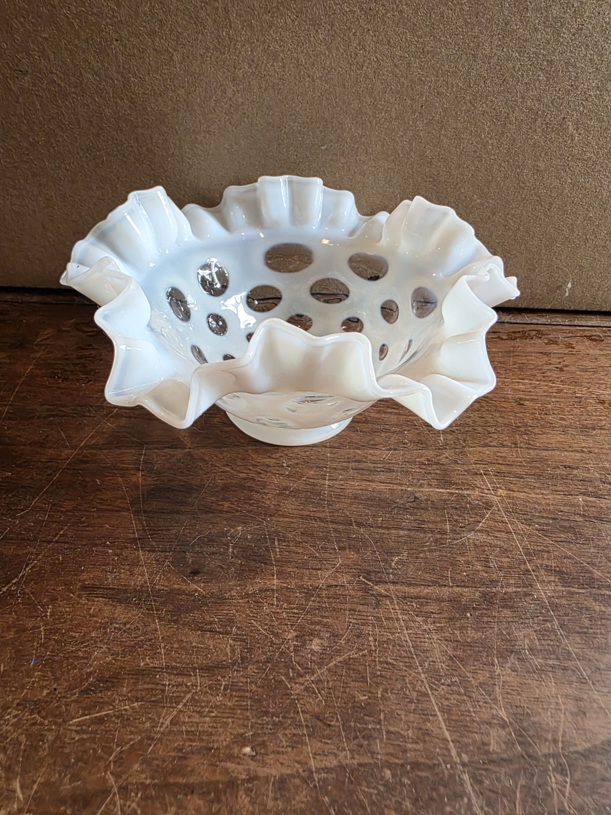 Vintage White Fenton Coin Dot Ruffle Edge Art Glass Bowl