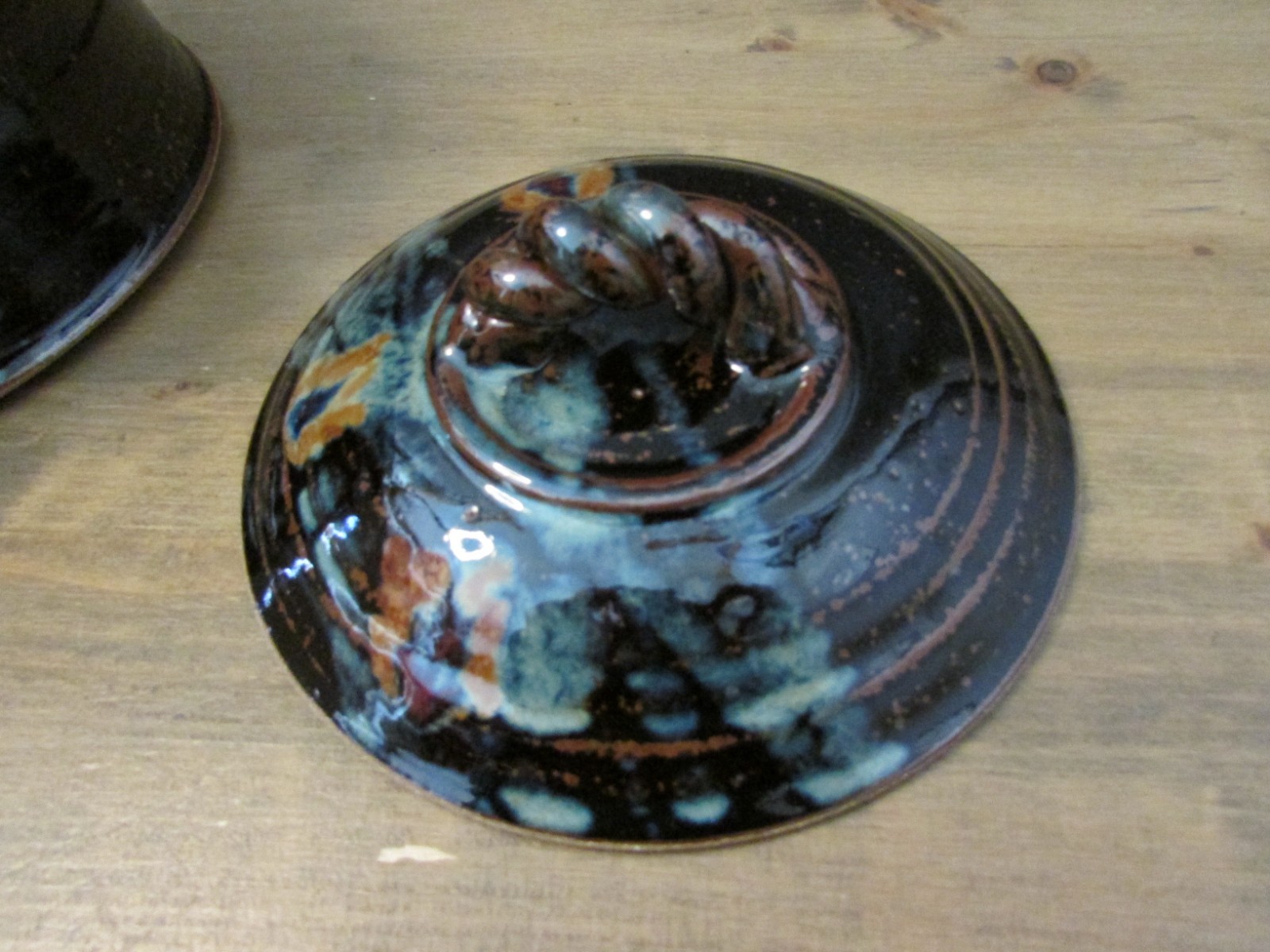 Handmade Studio Pottery Covered Serving Dish Black/Blue/Brown Glaze Stoneware