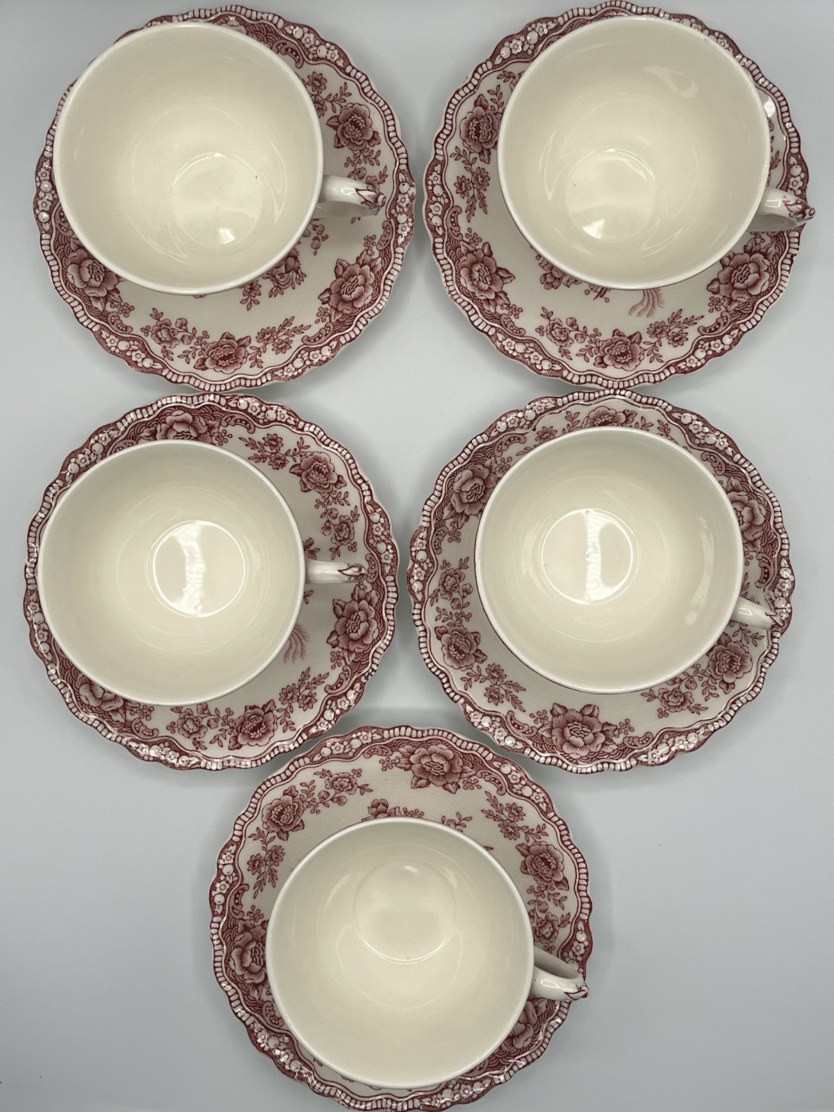 Crown Ducal Bristol Pink Scalloped Edge Tea Cup and Saucer Vintage 1930s