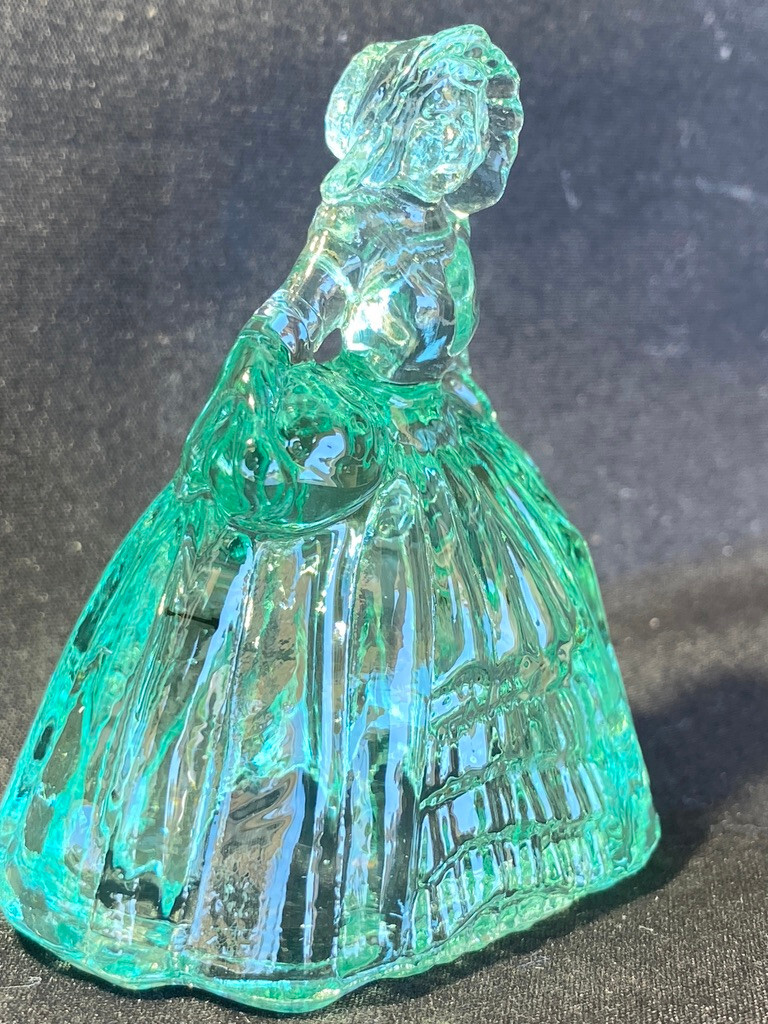 Green Vaseline uranium glass girl doll candy container woman Elizabeth Blue glow