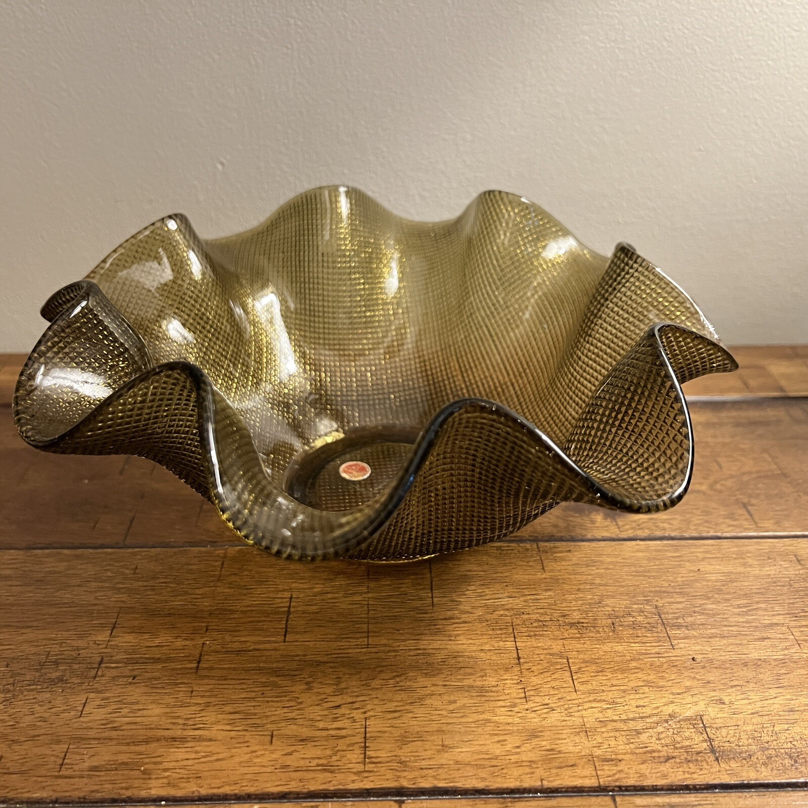 Vintage Bronze (varies) Made In Italy Waffle Crimped Ruffle Glass Bowl 9”