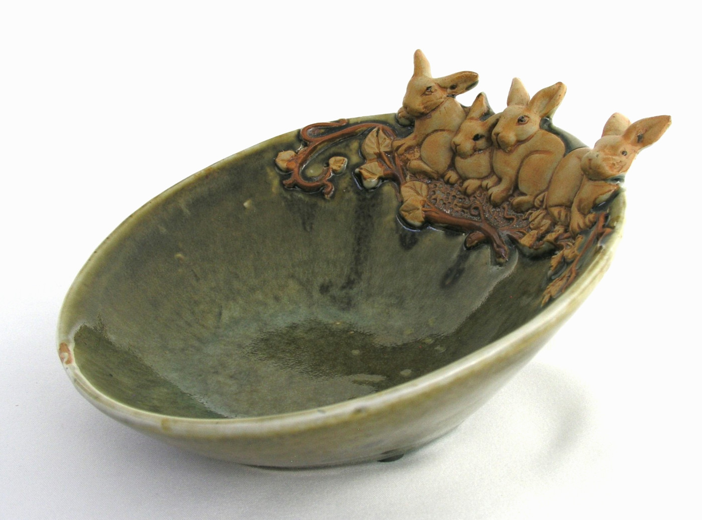 GLAZED POTTERY BOWL w/ FOUR BUNNY DESIGN – GREEN w/ LT BROWN RABBITS FOR EASTER