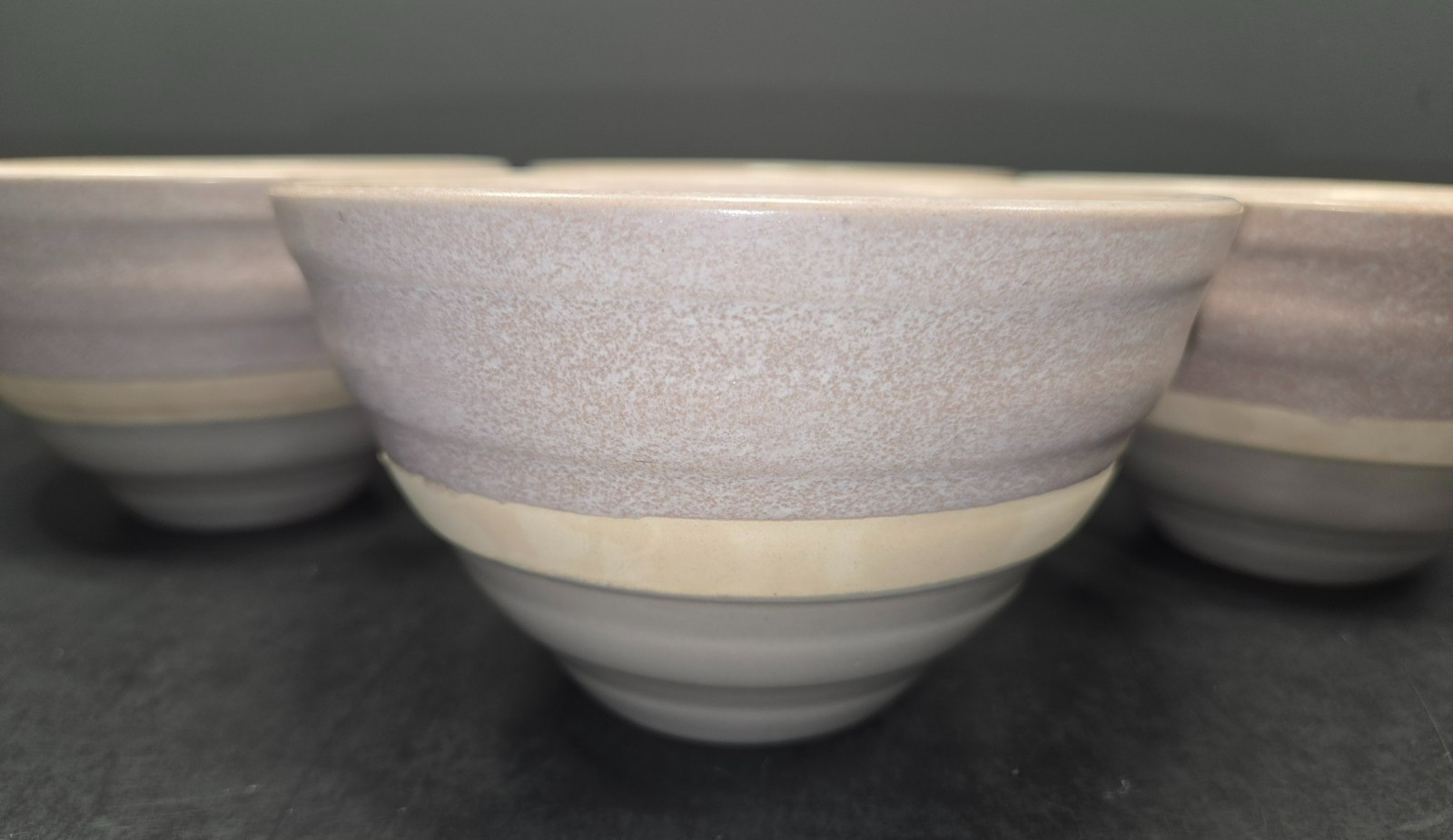 Baum Brothers HARPER Cereal Soup Bowls Mist Tan Blue Speckled Grey Band Set 4