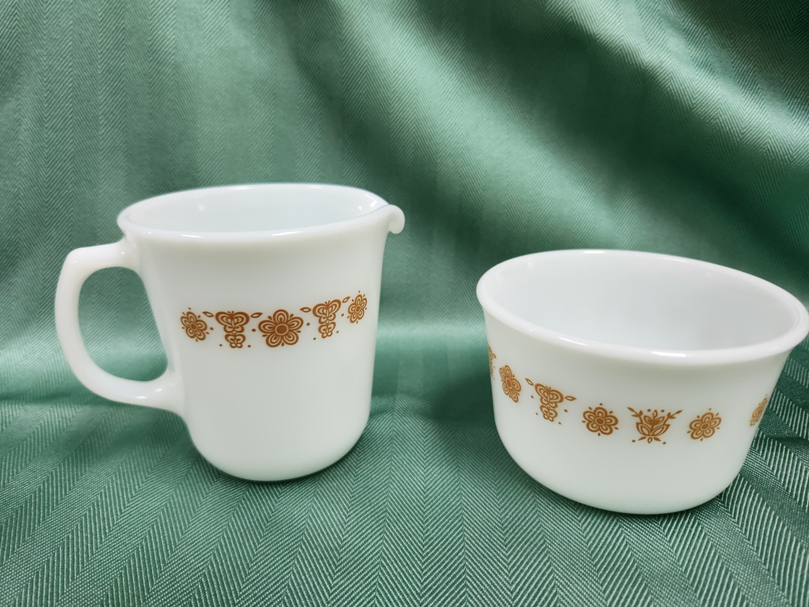 Vintage Pyrex Corning Butterfly Gold Creamer and Sugar Bowl Milk Glass