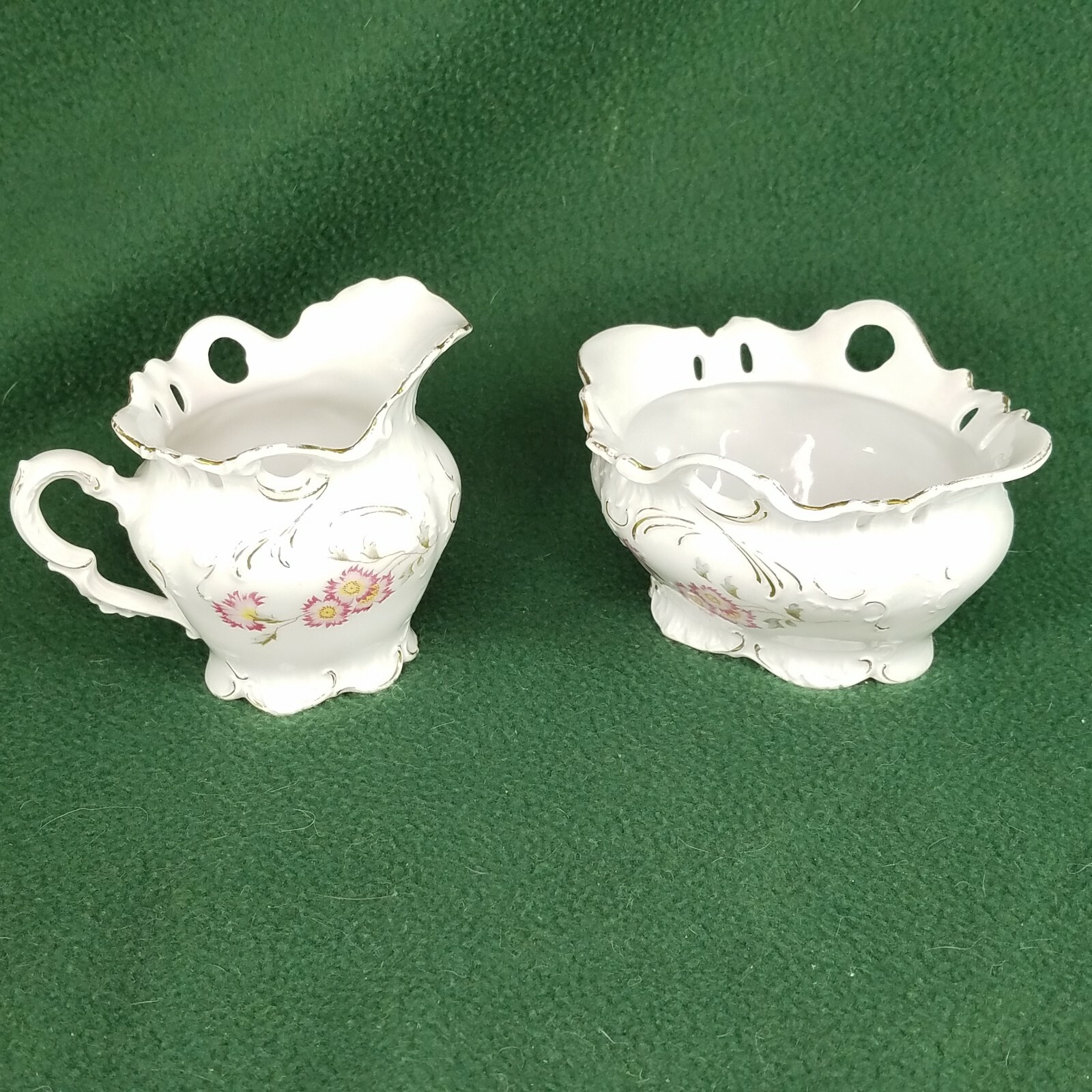 Brunswick Germany Porcelain Open Sugar Bowl and Creamer #1745 with gold accents