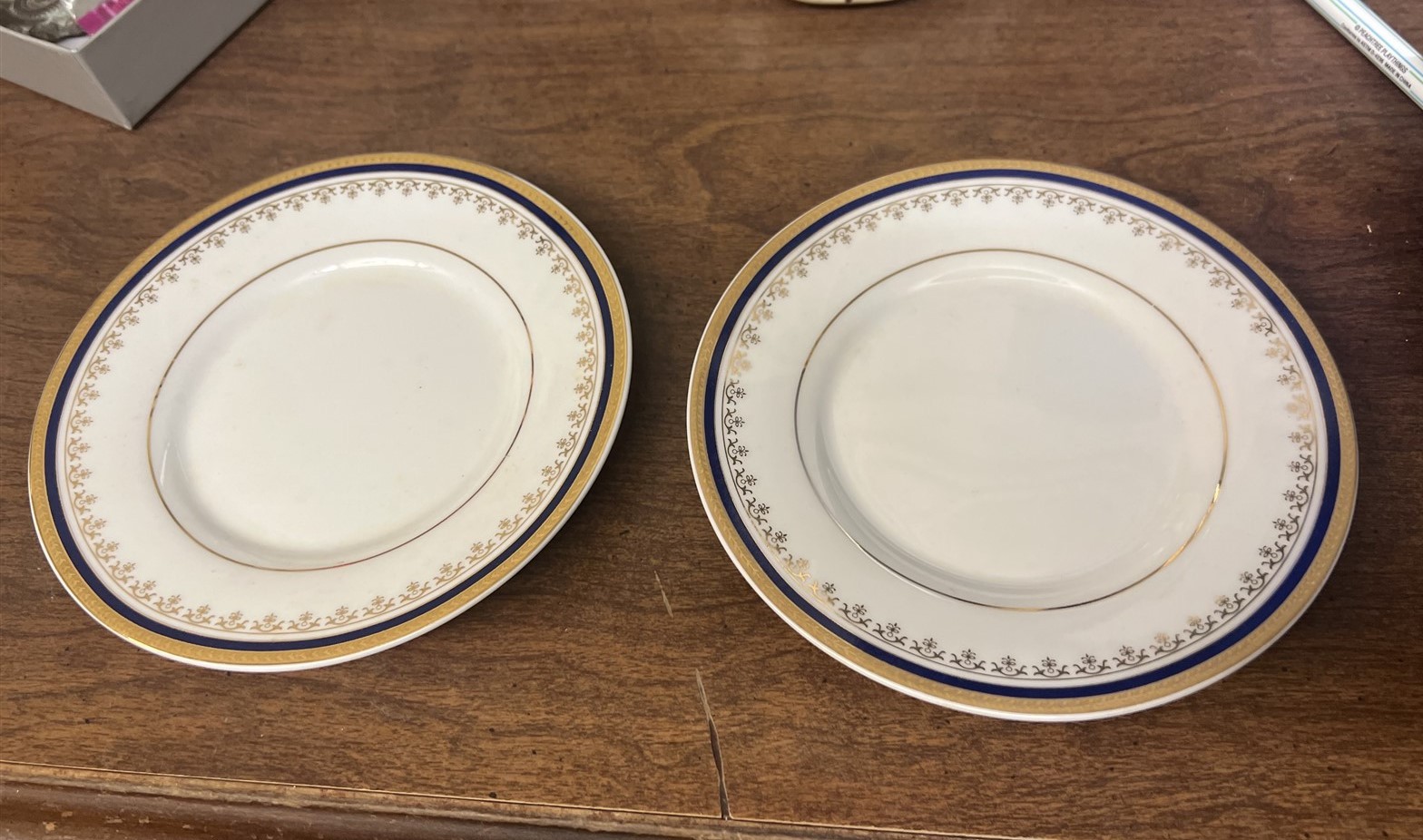 2 Lovely ROYAL VIENNA-CHINA RVG2 Bread Plates Navy Stripe Gold Herringbone