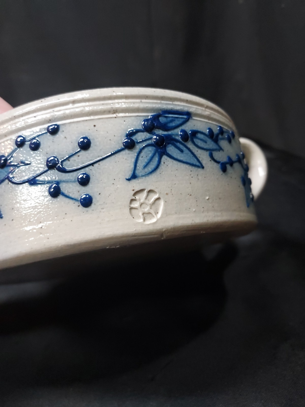 RARE Salmon Falls Stoneware Blueberry Vine 1994 Salsa Dip Bowl Signed Dover NH