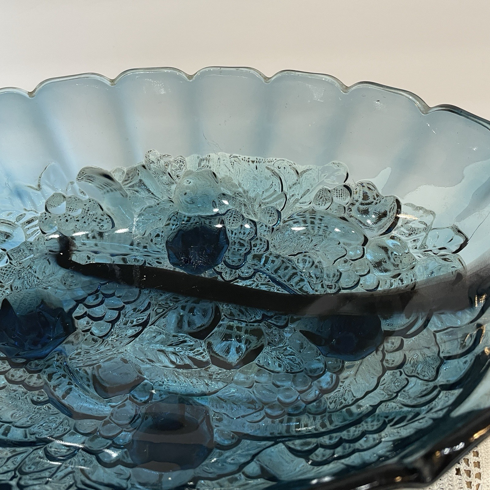 Vintage Indiana Glass Blue Garland Fruit Bowl Footed Oval 12inches Harvest Grape