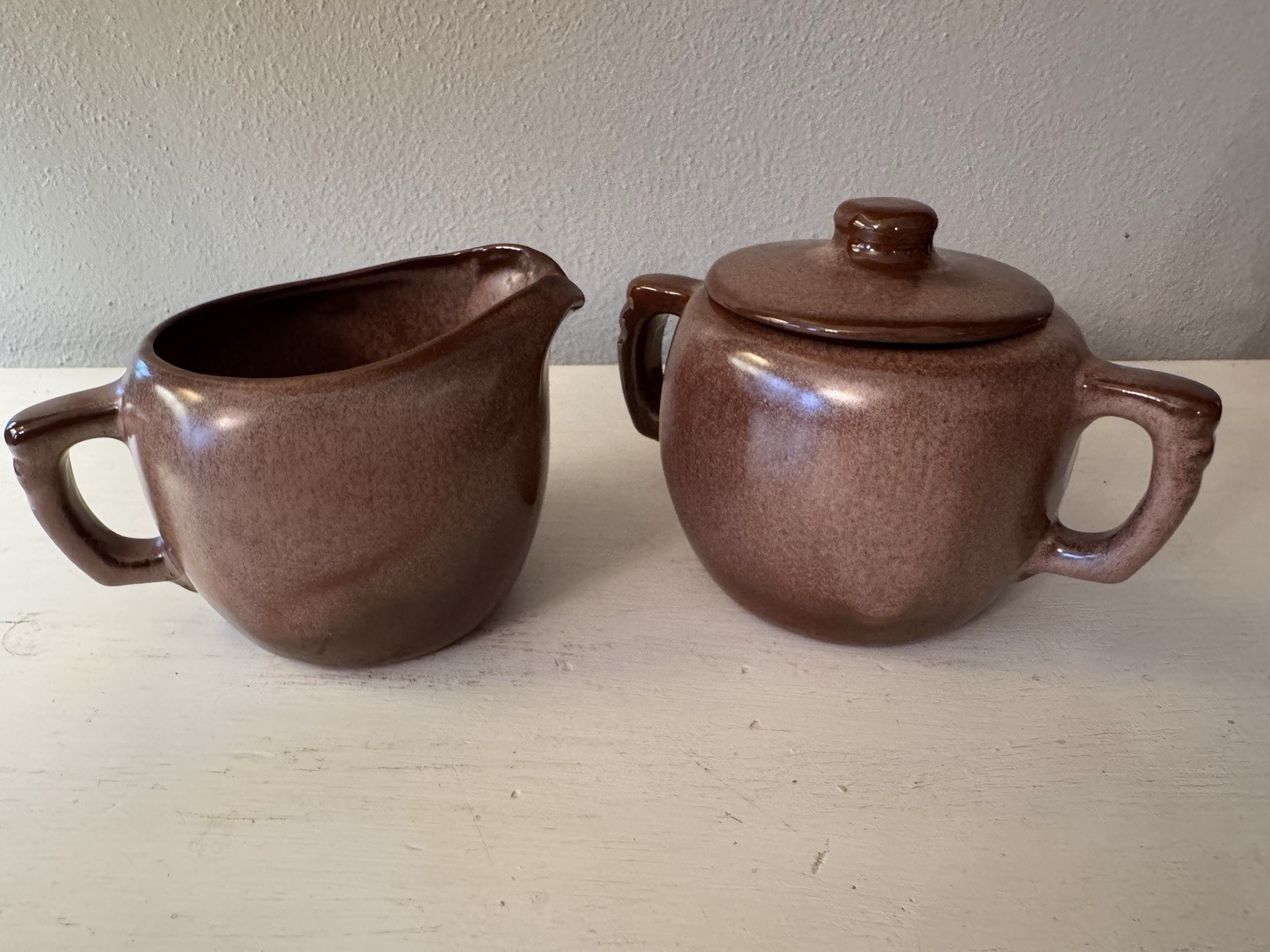 Vintage Frankoma Pottery Creamer & Sugar w Lid, Set 5A 5B Plainsman Brown EUC