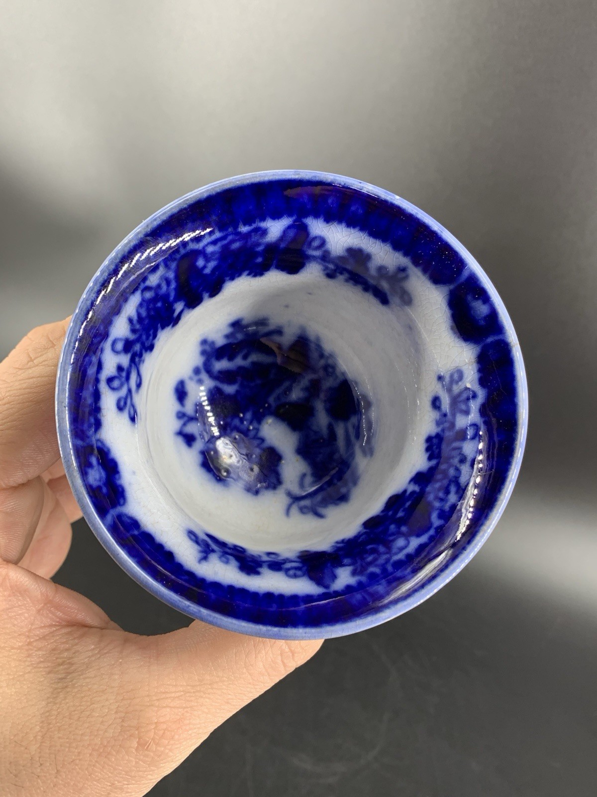 1840s Indian Flow Blue Cup & Saucer Porcelain Handleless F R Pratt