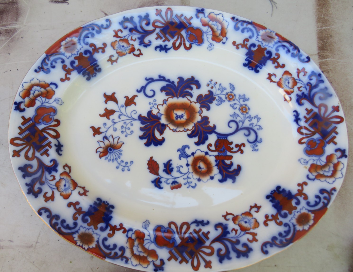 LARGE ANTIQUE ROYAL DOULTON NANKIN POLYCHROME FLOW BLUE SERVING PLATTER