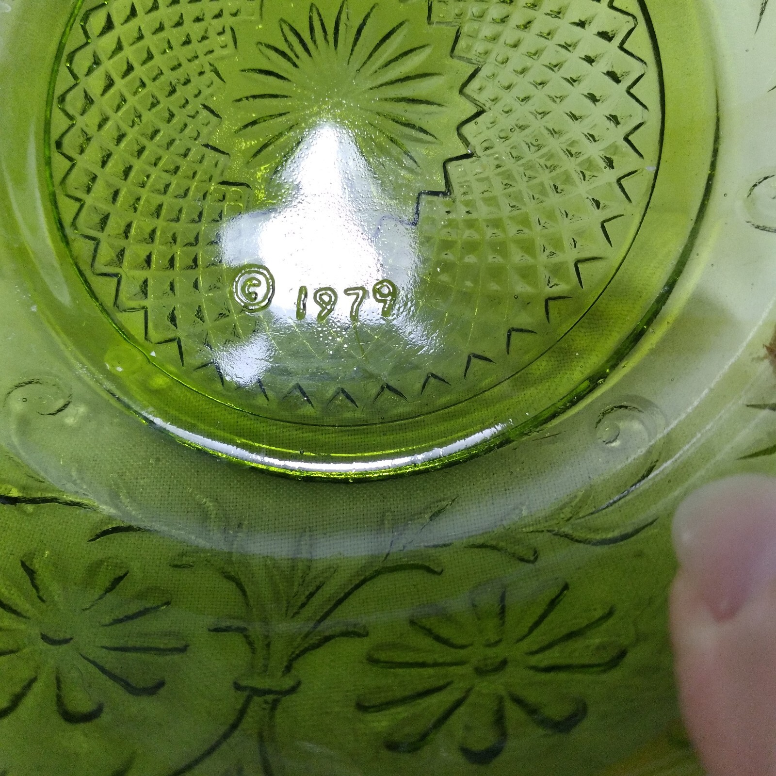 Vintage FTD 1979 Green Glass Serving Bowl Country Floral Pattern