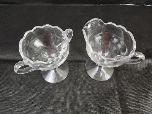 Footed Glass Creamer and Sugar Bowl Clear Glass with Scalloped Edge And Handles