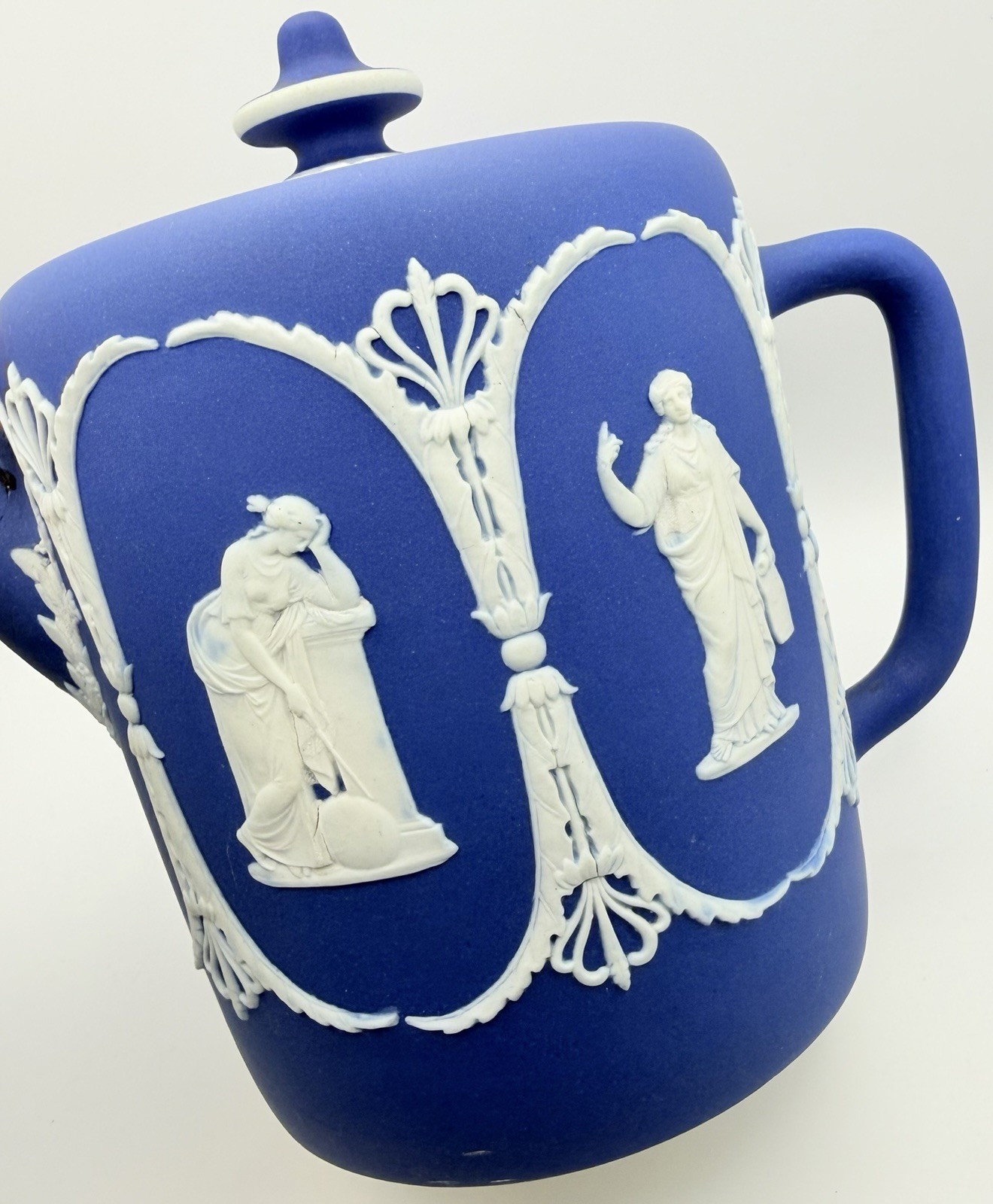 ANTIQUE WEDGWOOD STYLE COBALT BLUE JASPERWARE TEAPOT NEOCLASSICAL UNMARKED? FLAW
