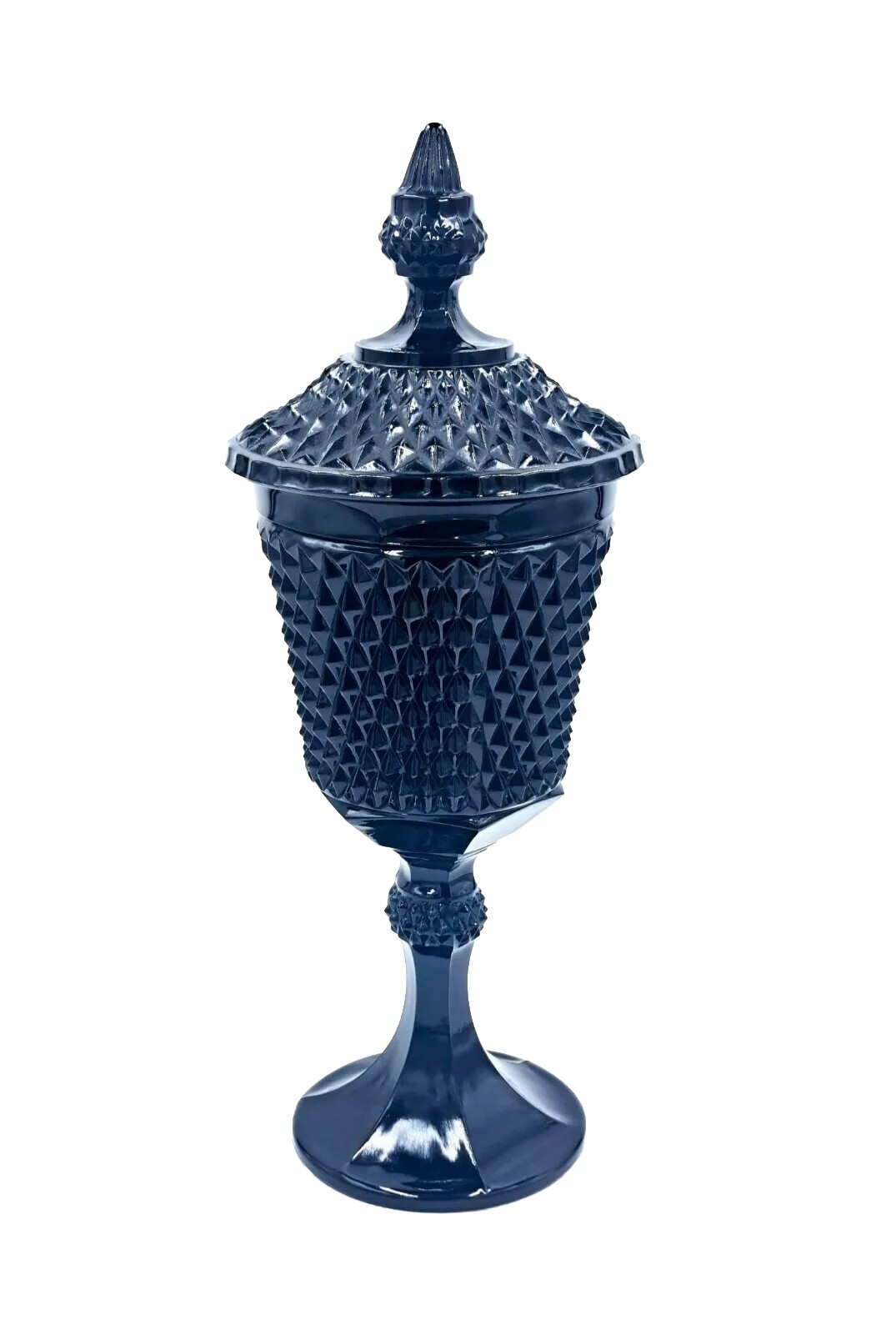 Vintage Tiara Indiana Black Glass, Diamond Point Pedistal Covered Candy Dish 15″