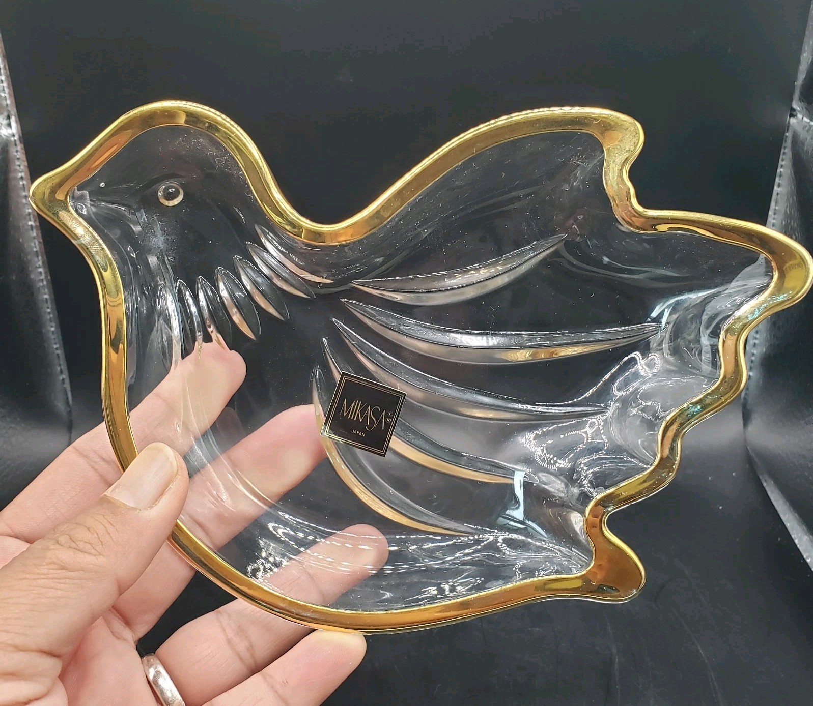 Vintage Mikasa Crystal Golden Dove Candy or Trinket Dish Gold Trim 6.5″ x 4.25″
