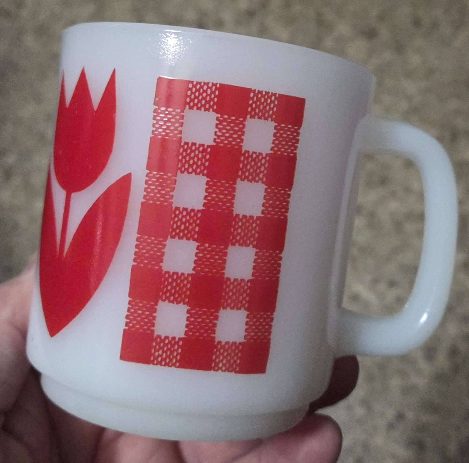 Vtg Termocrisa?Jeannette Glasbake? Coffee Mug Red Tulip Gingham 1960’s-70’s