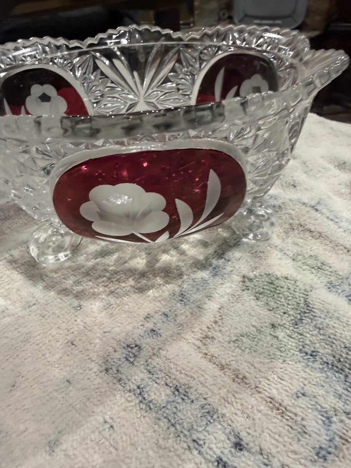 Clear Cut Glass 3-Footed Round Bowl Red Panels White Floral Decorative