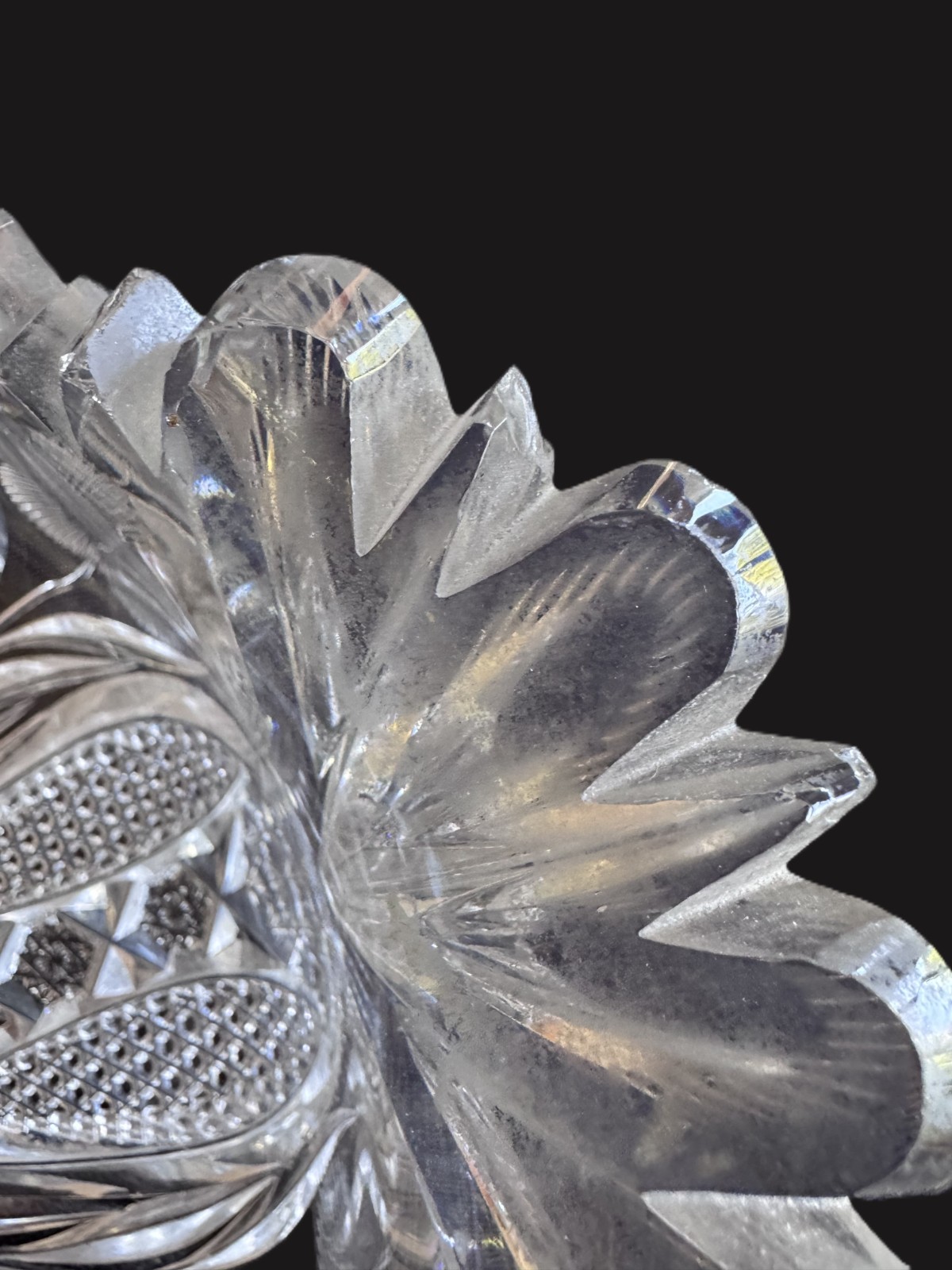 American Brilliant Period ABP Cut Glass Bowl Floral Intaglio Sawtooth 10″
