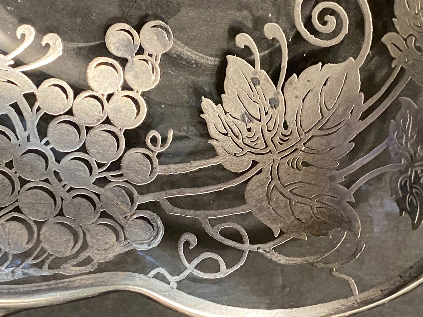 Vintage Silver Overlay Glass Candy Nut Dish Grape Vines Leaves Grapes
