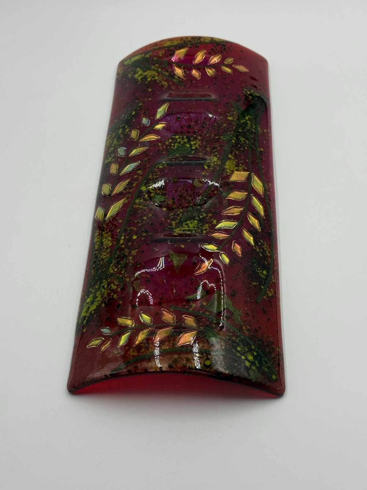 Fused Art Glass Red Green With Iridescent Leaves Rectangle Curved Decor Signed