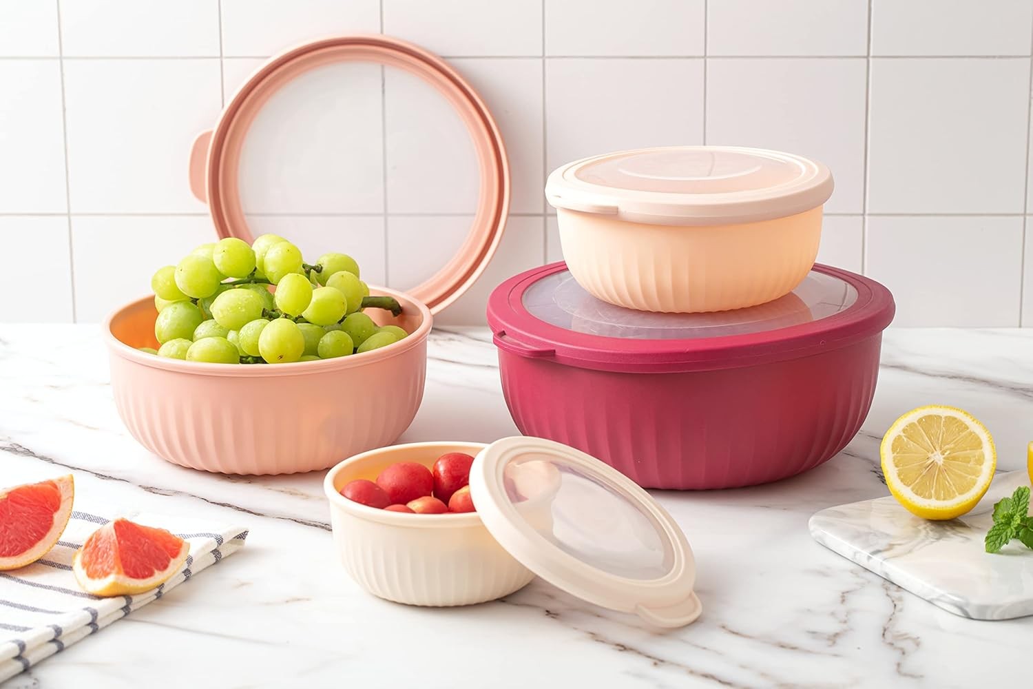 COOK WITH COLOR Prep Bowls w Lids 8Pc Nesting Mixing Set Rose