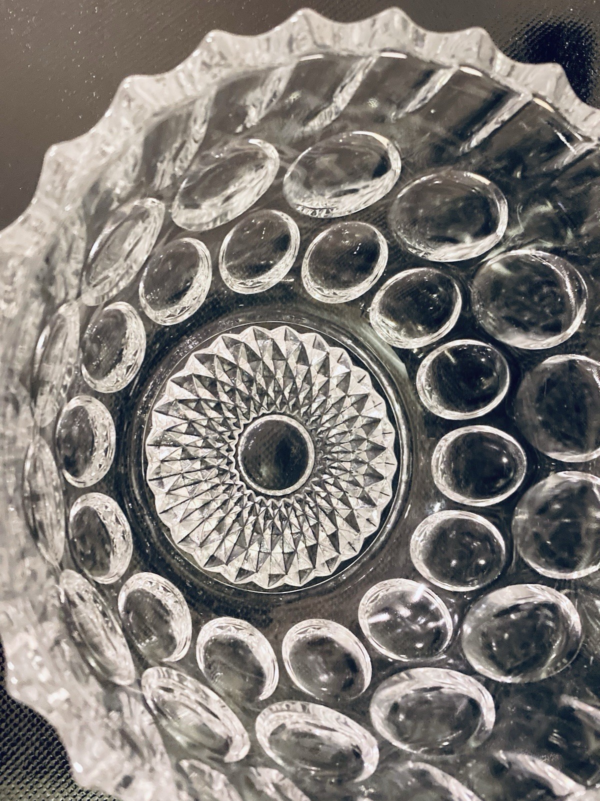 Vintage Crystal Clear Studios Bowl Thumbprint Pattern Scalloped Edge Japan 6″