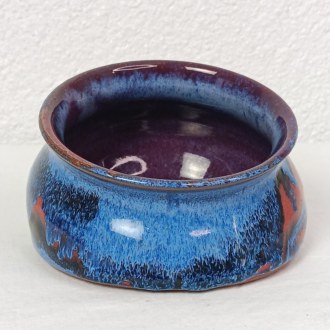 Art Pottery Studio Handcrafted Bowl Red Clay Blue Brown Glaze Slanted Angled