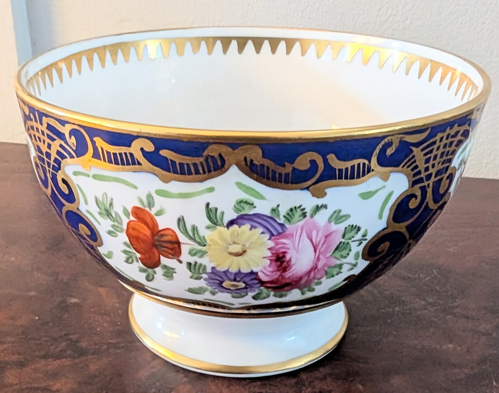 Antique 19th Century Porcelain Blue Ground Exotic Fancy Bird Bowl, Waste Bowl