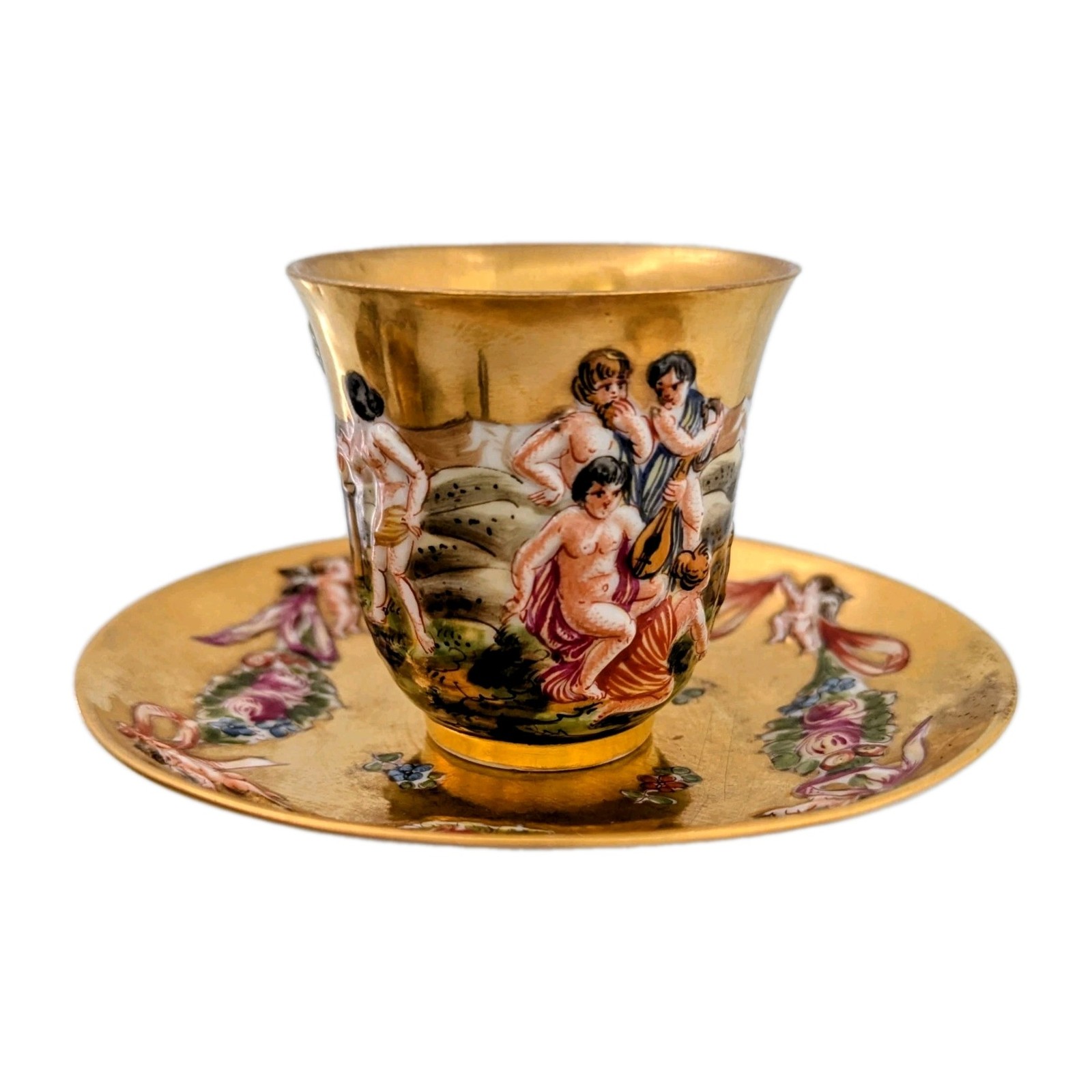 Antique 19th Century Gold Capodimonte Cherub Design Demitasse Cup Saucer N