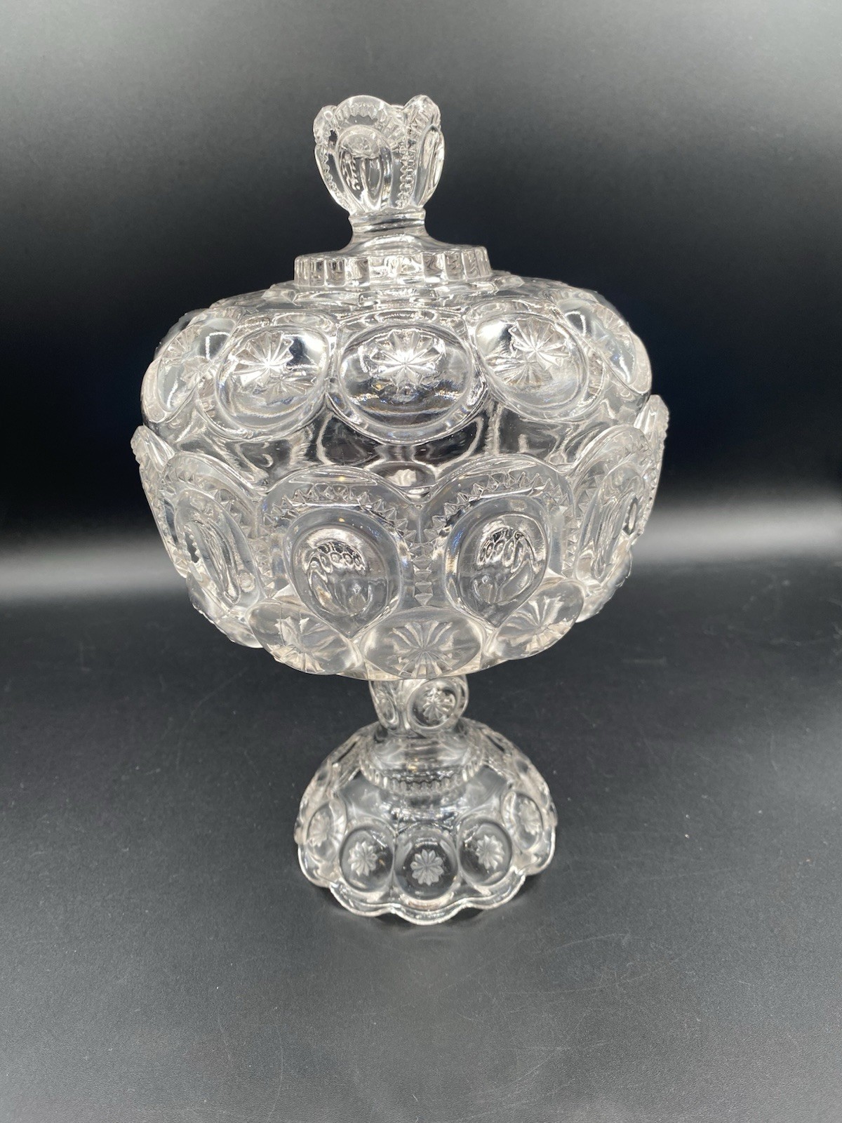 L.E. Smith Clear Glass Moon & Stars Large Footed Candy Dish w/ Lid 10”