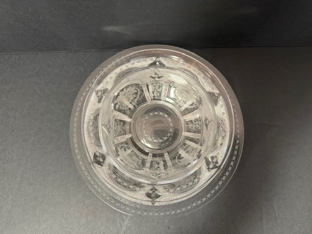 Sinclaire Silver Threads pattern finger bowl & underplate. signed. Am. Cut glass