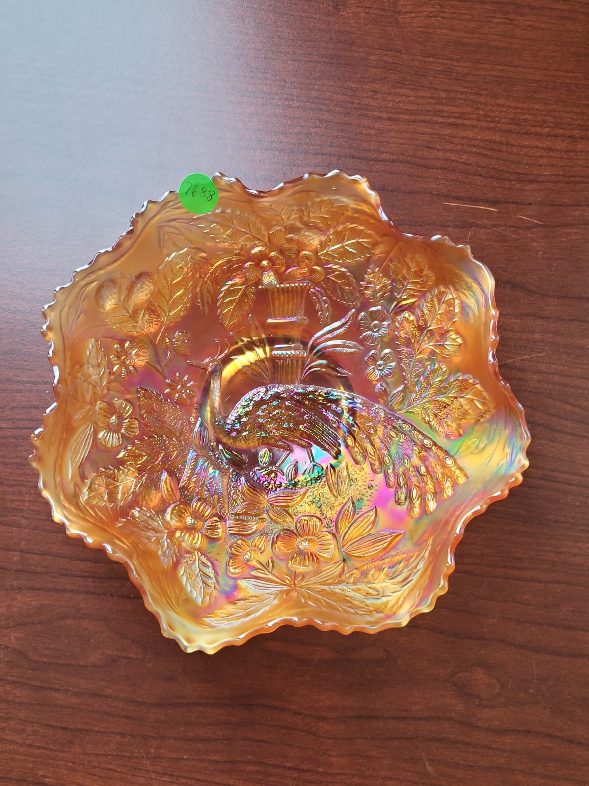Pretty Dark Marigold Fenton Carnival Glass Peacock & Urn Pattern Bowl