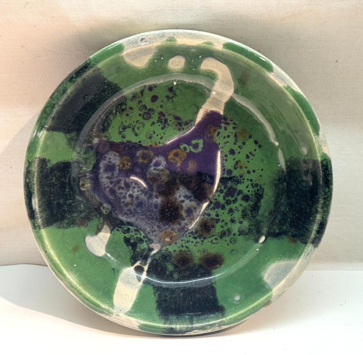 AK A.K. SIGNED ABSTRACT DRIP GLAZE STUDIO POTTERY BOWL HEAVY MATERIAL DATED 1997