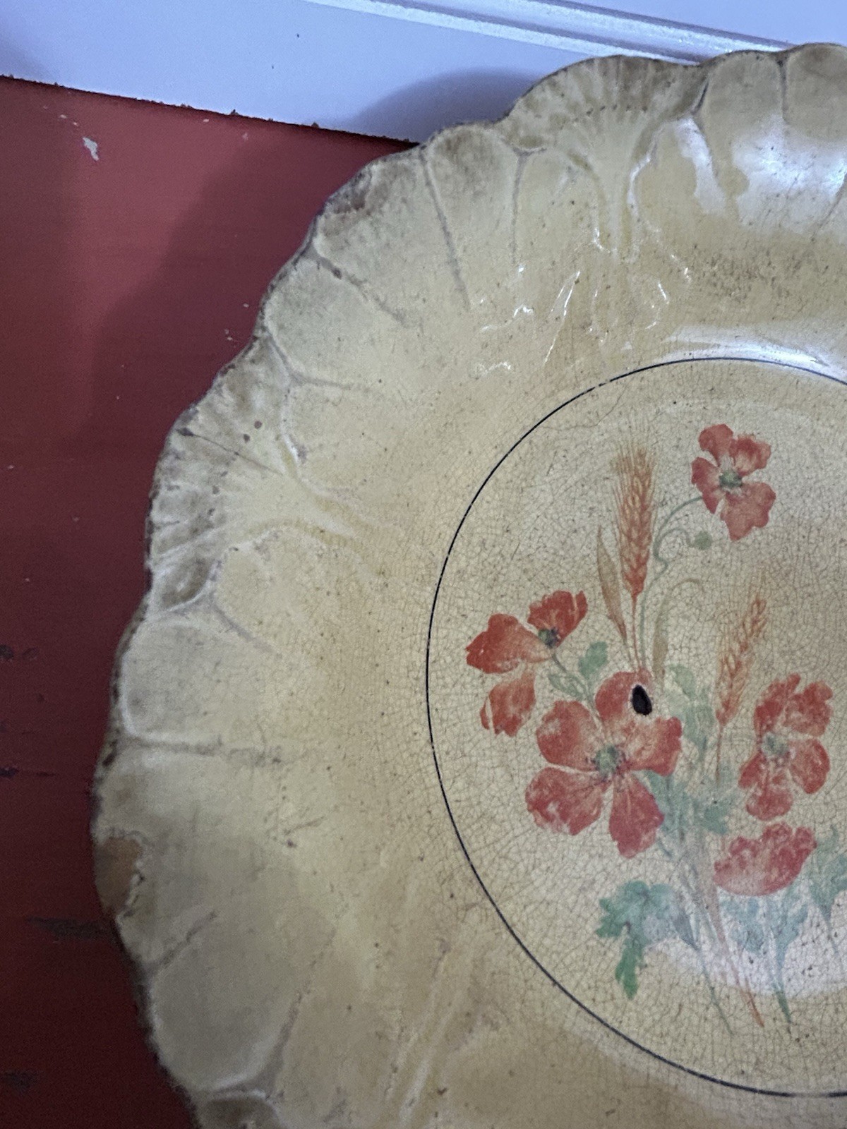 Antique Vintage Serving BOWL Heavily Stained & Crazed Toasty Floral Queen Wheat