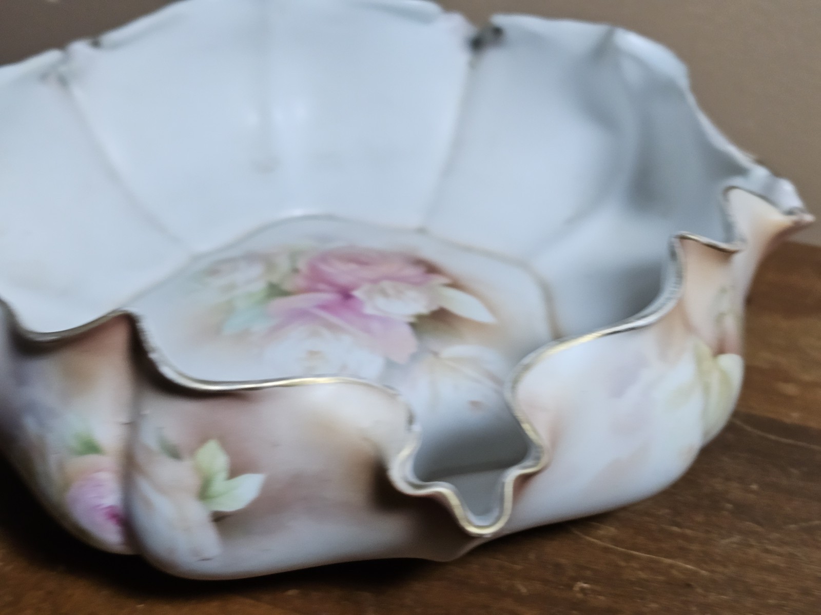 Antique RS Prussia Pink Rose 9″ Blown Out Bowl Exterior Painted Floral Gold