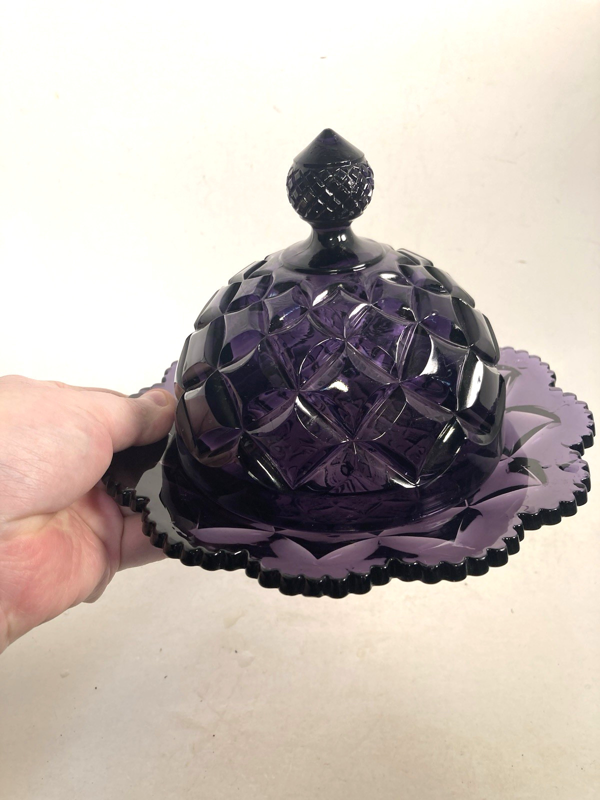 Butter dish, irradiated Purple Glass Pressed Glass