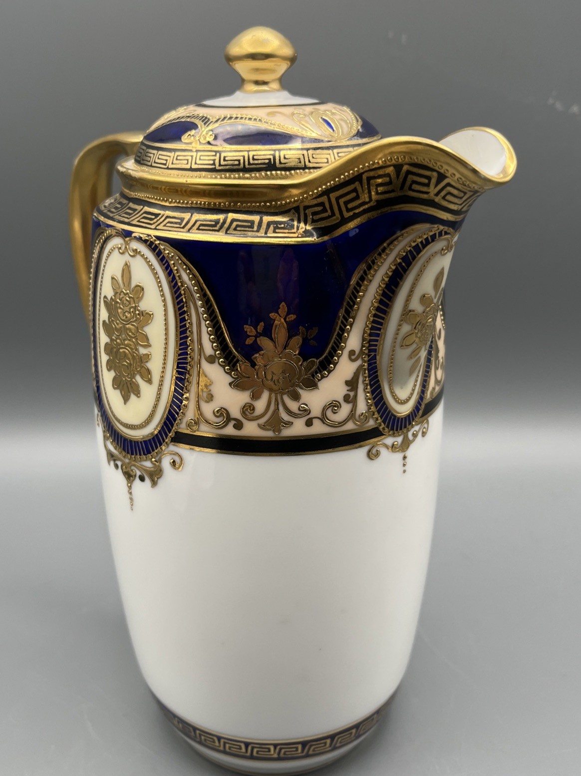 Rare Noritake Cobalt & Gold Ornate Neoclassical Coffee Pot Greek Key Porcelain