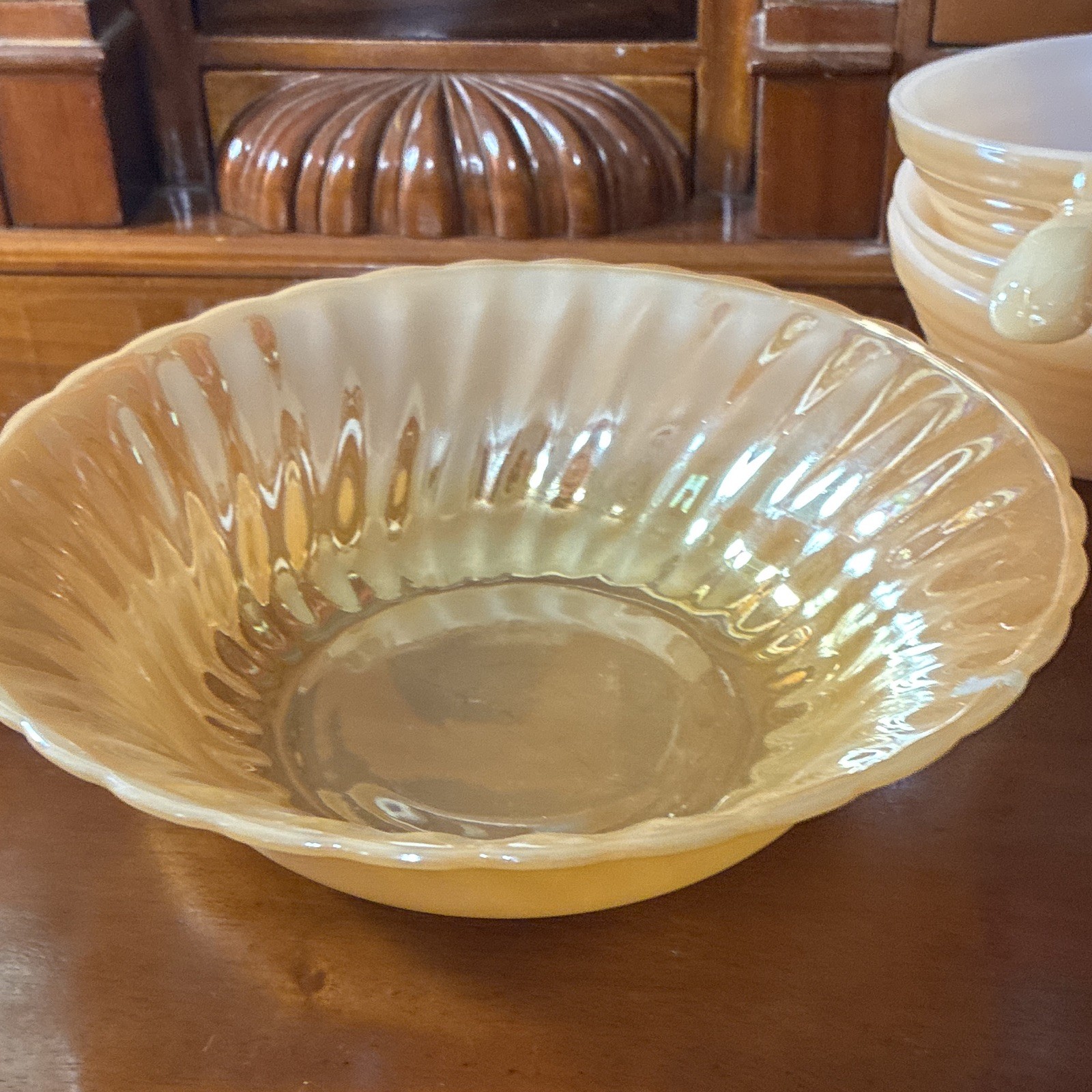 6 piece Fire-King Peach Swirl Milk Glass Set Oven Safe MCM USA 1950s.