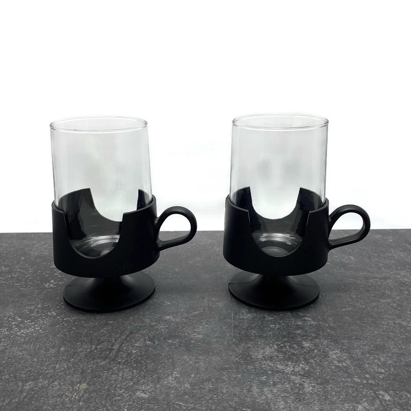 Vintage Set of 2 Glas-Snap by Corning 10oz Glasses Black Plastic Footed Holders