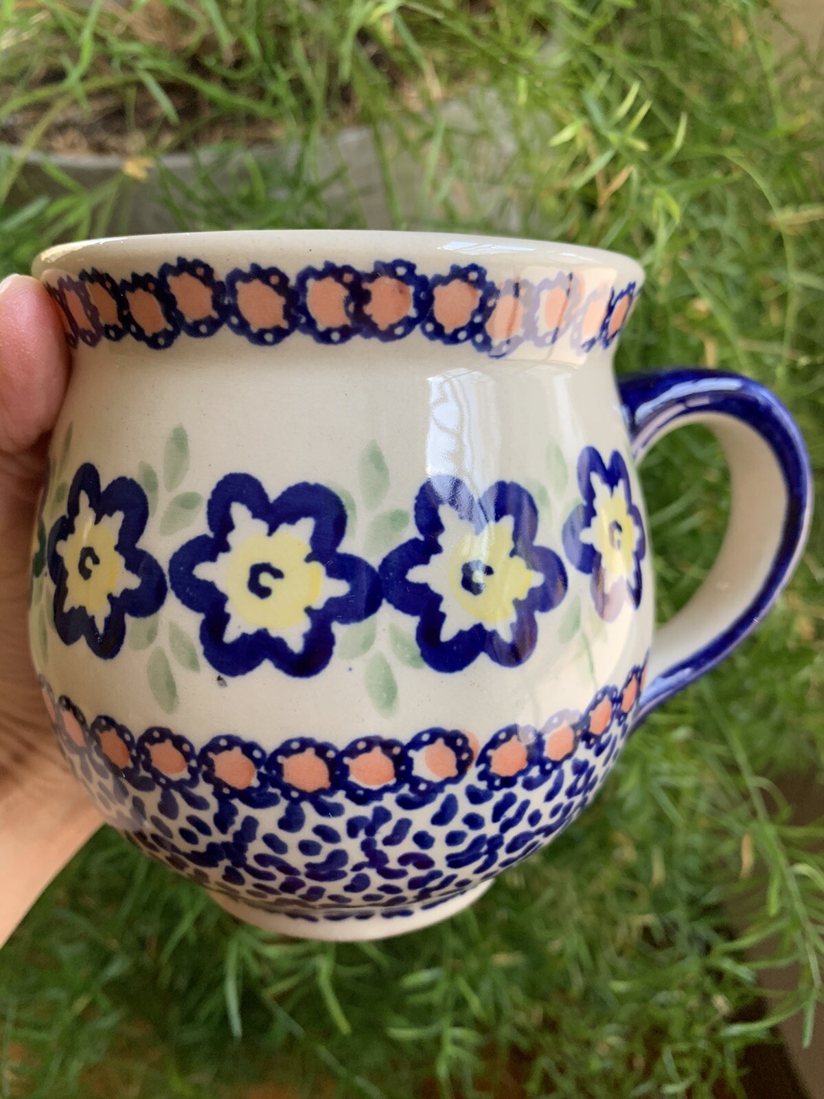 LARGE Boleslawiec Polish Pottery Bubble Mug Floral Artist Signed Blue 18 Oz NEW