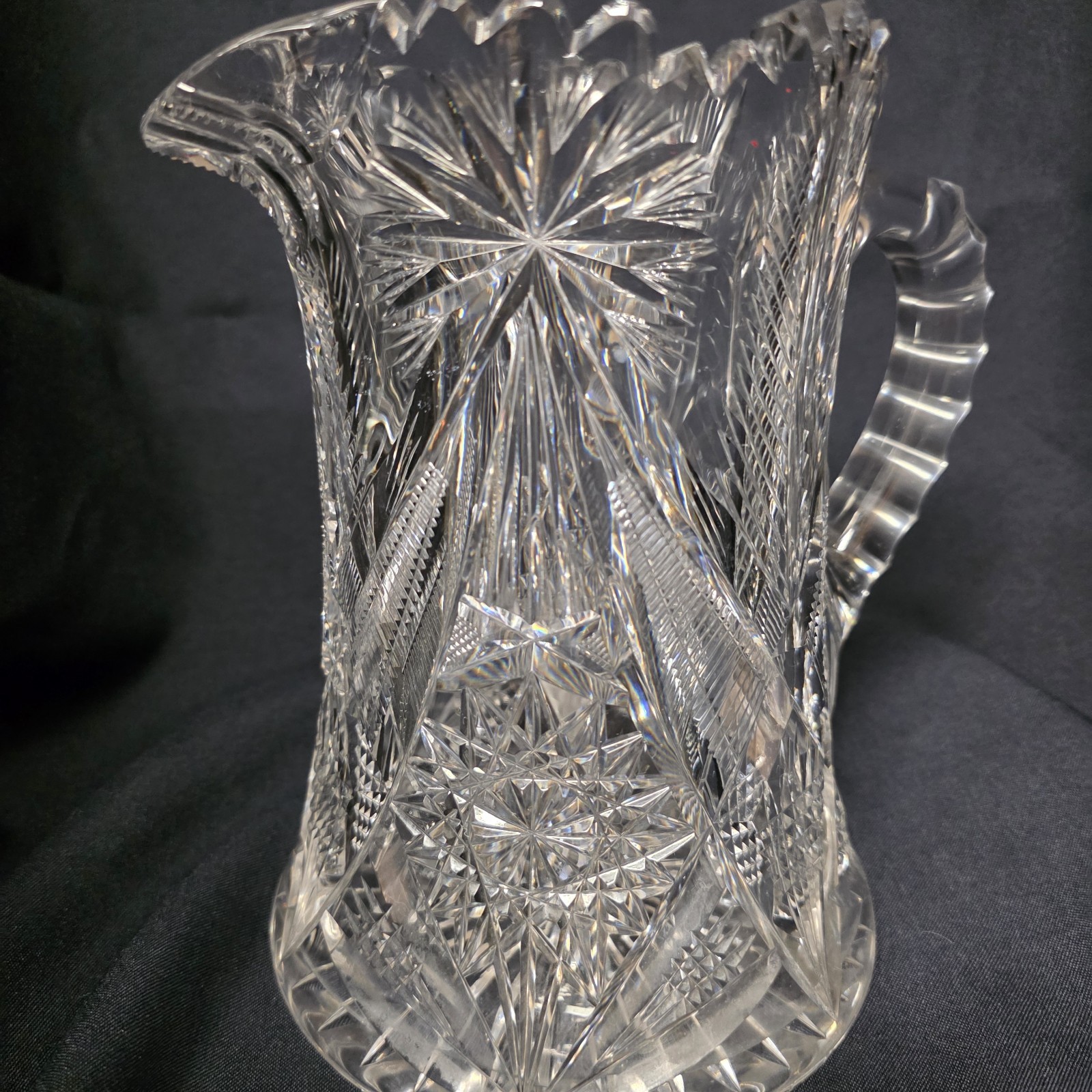 Antique American Brilliant Cut Crystal Glass Pitcher Pinwheels Hobstars Heavy