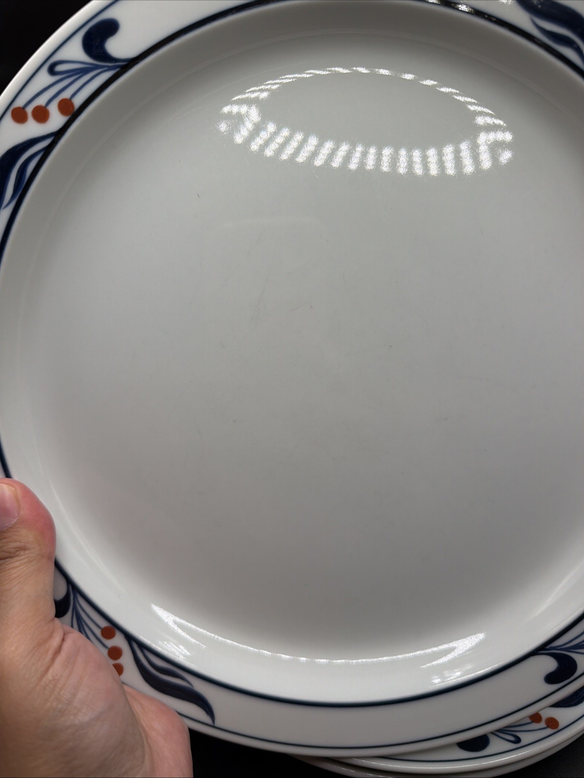 8 Dansk Bistro Maribo 10 3/8″ Dinner Plates Japan DANMAR Red Berries on Rim Blue