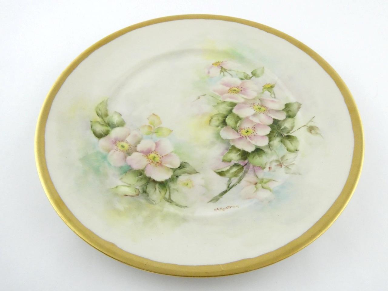 1970s Hand Painted Porcelain 4 Piece Place Setting Apple Blossoms Signed VGOOD