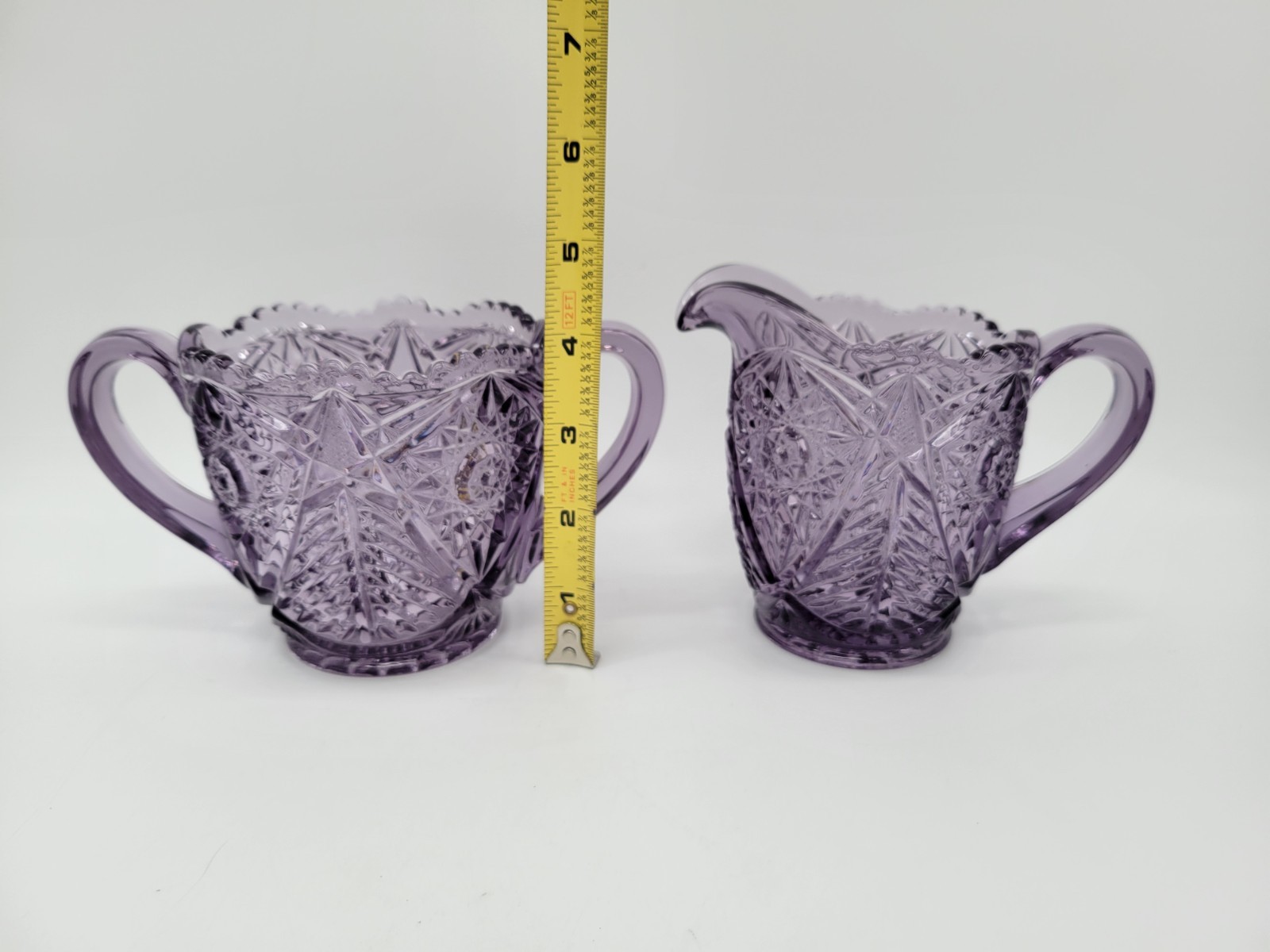 LE Smith Valtec Tree Star Purple Amethyst Glass Sugar Creamer Set MCM Indiana