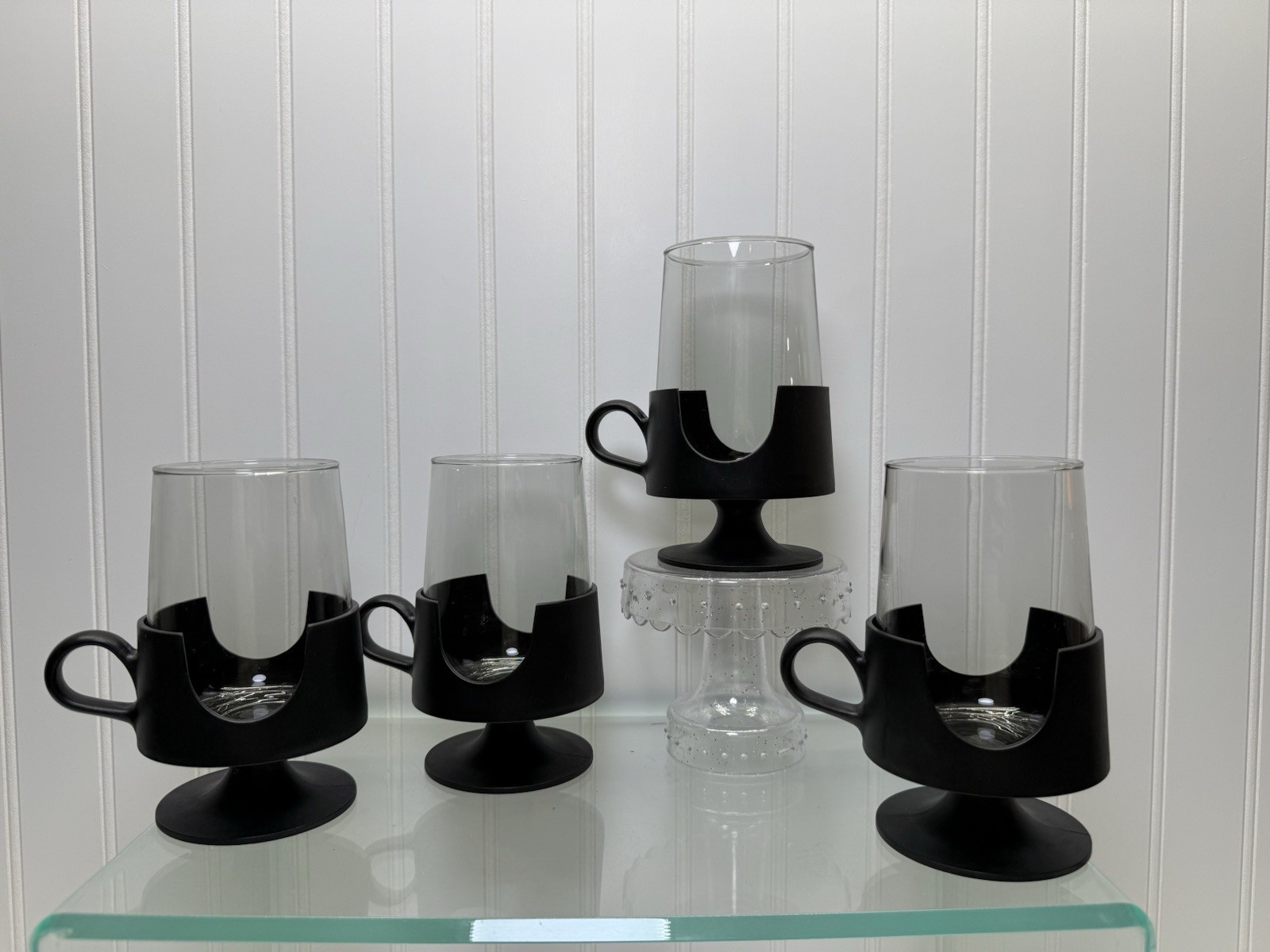 Vintage Corning Glas-Snap Mugs Black Tulip Cups Large 10oz Hot/Cold, Set of 4