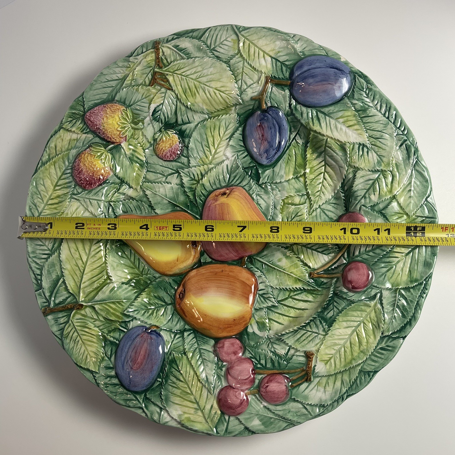 Vintage Majolica Italy Fruits and Leaves Platter Stamped 10428/32 width 12.75″