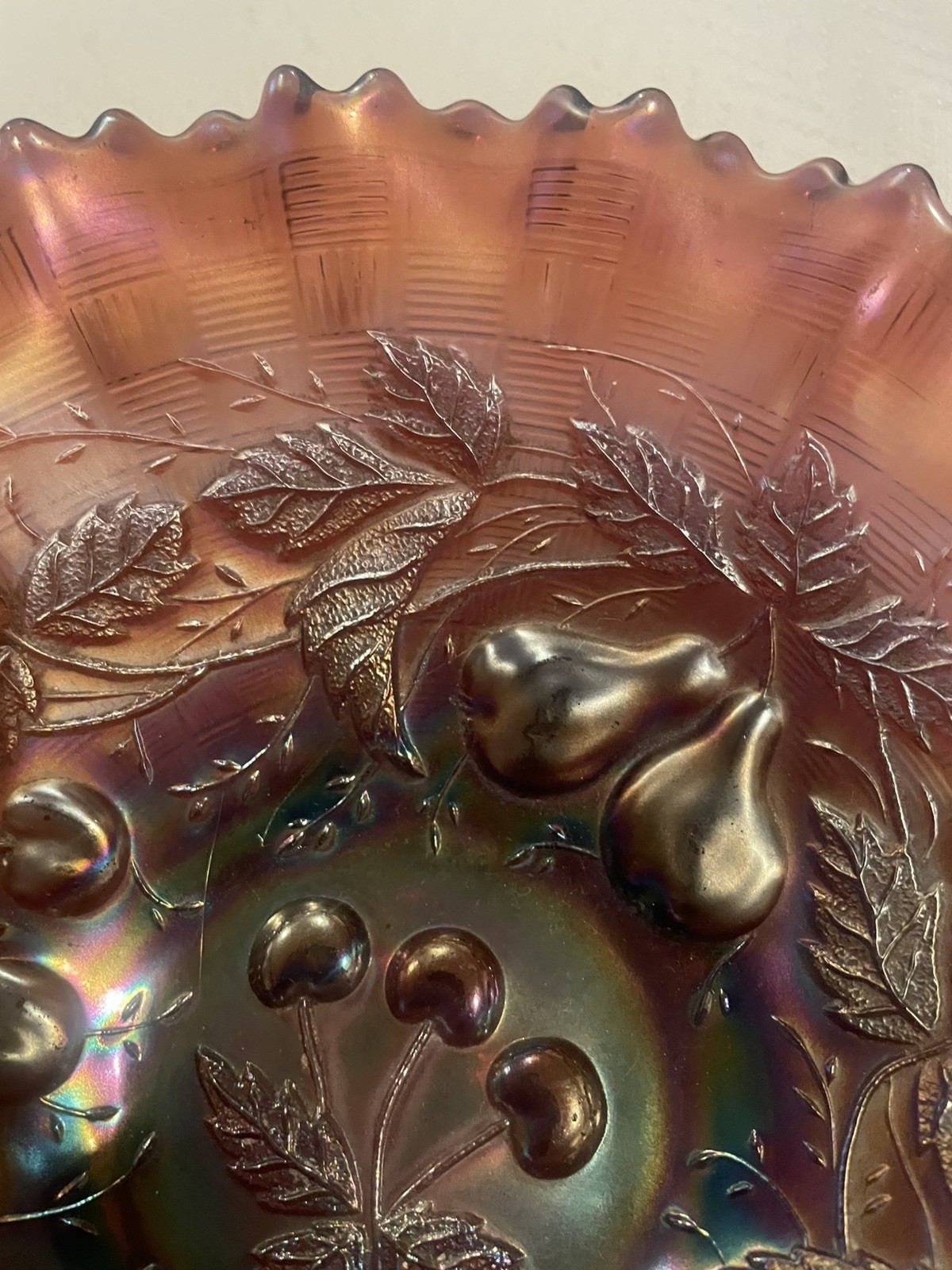 Northwood Carnival Glass Opalescent Fruit And Leaves Blue Brown Green 8.5”