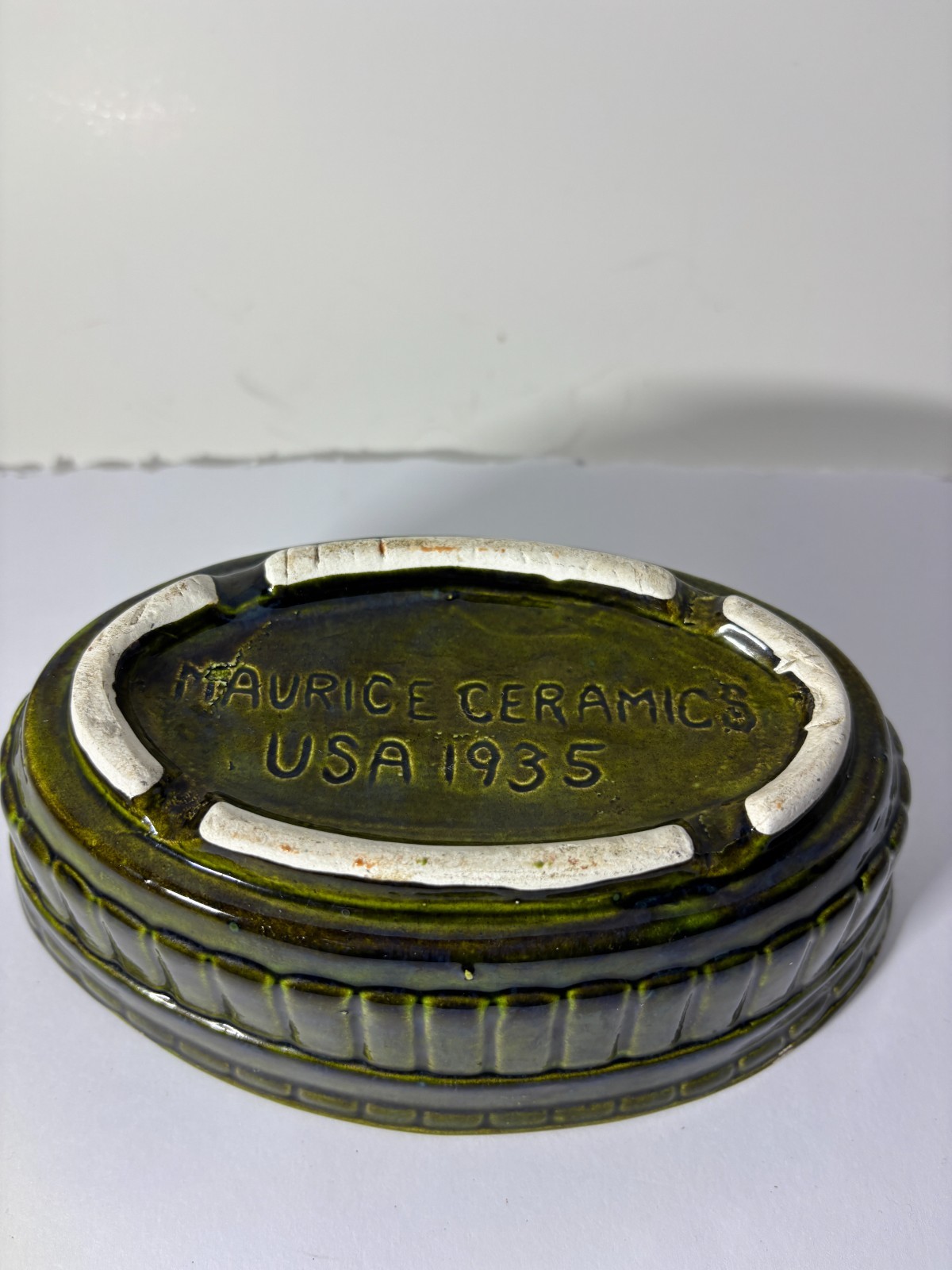 Vintage Maurice Ceramics USA 1935 Green Ribbed Oval Bowl MCM Pottery