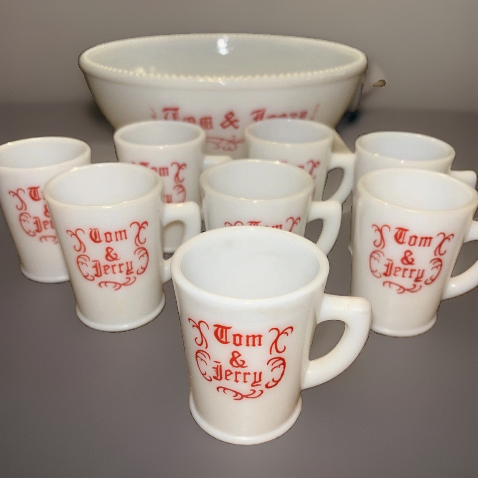 Vtg. Mid Century RED & WHITE McKee Tom & Jerry Punch Bowl Set, 11″ Bowl & 8 Mugs